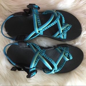 Blue and green strap chacos